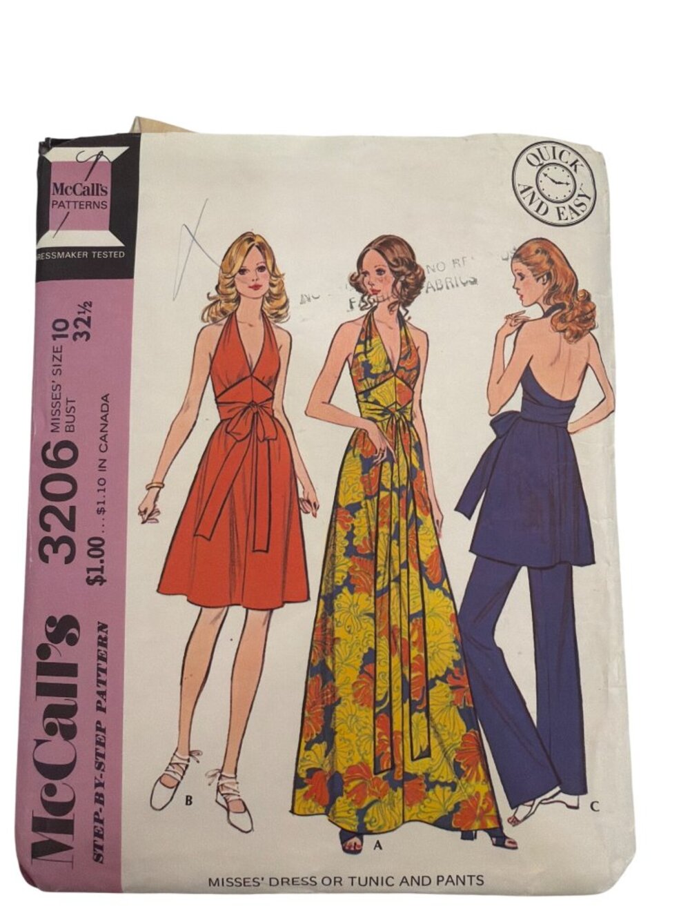 McCalls Step-By-Step Pattern 3206 Misses Dress Tunic & Pants Size 10 Bust 32.5"